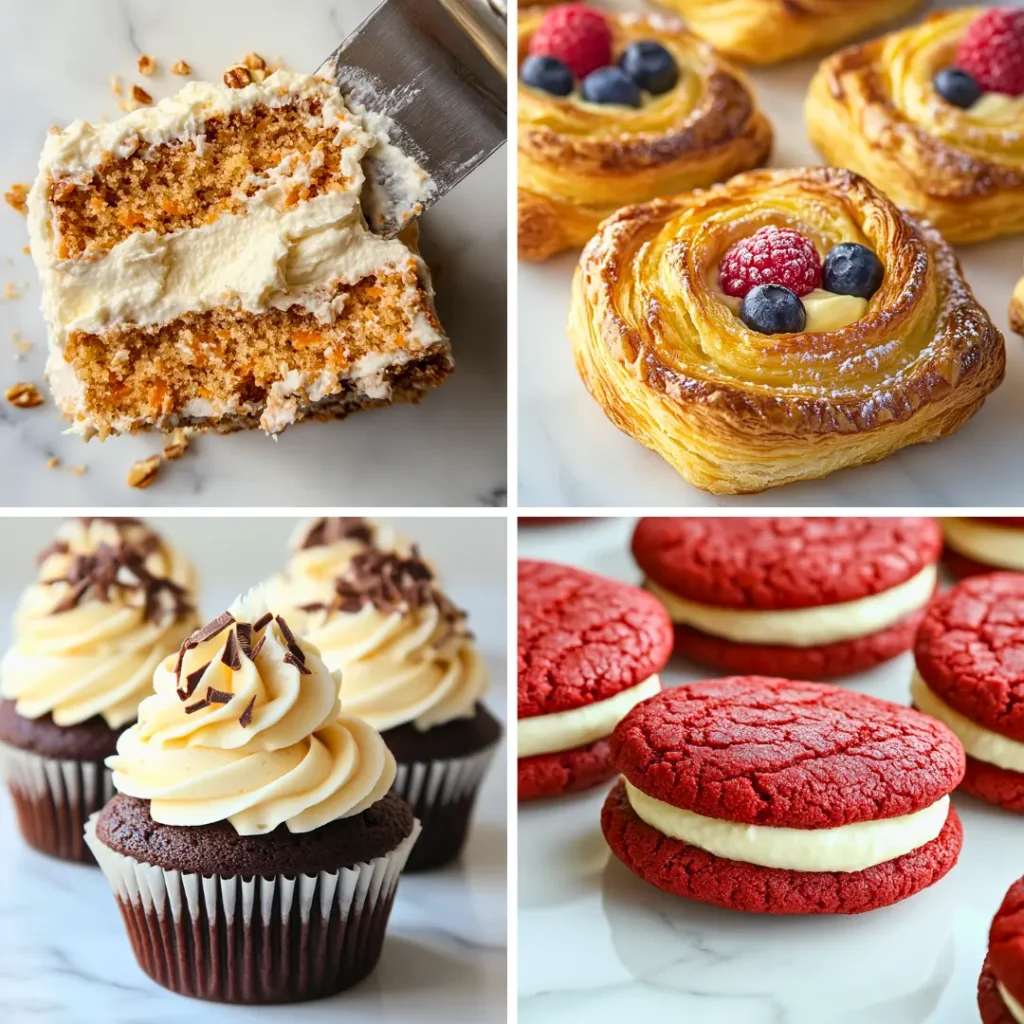 Four classic desserts featuring cream cheese filling: layered carrot cake, berry Danish pastries, chocolate cupcakes, and red velvet sandwich cookies