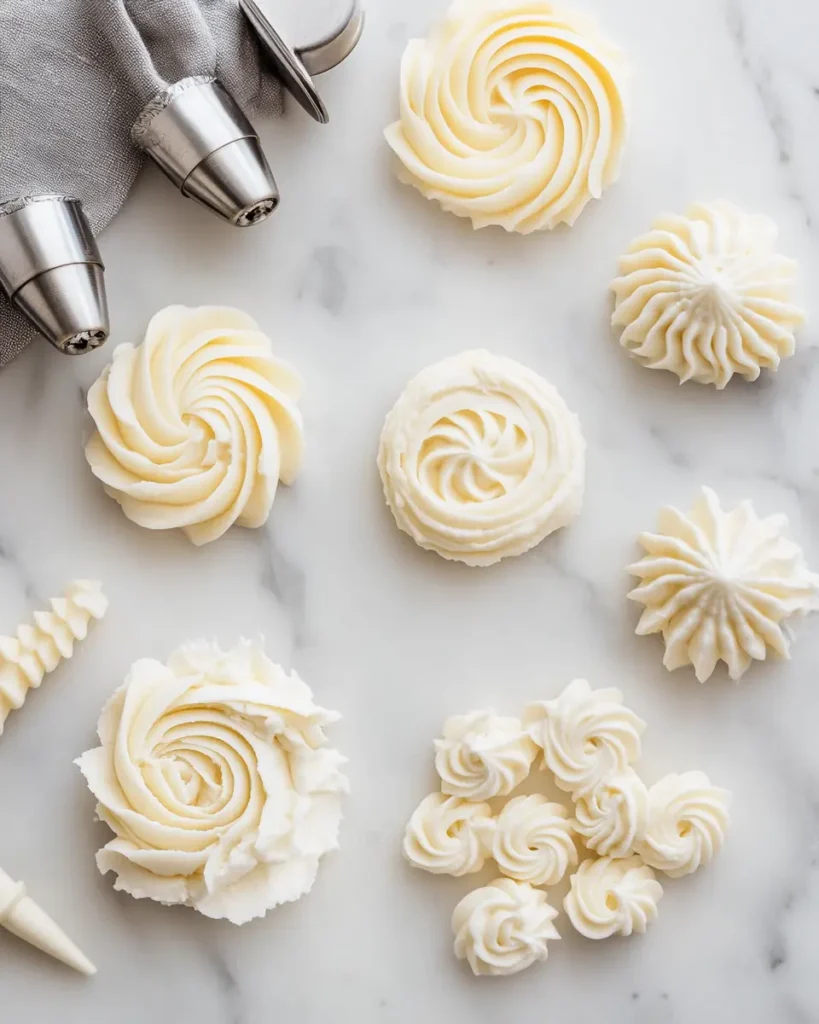 Different piping techniques demonstrated with cream cheese filling, showing rosettes, swirls, stars and ruffles alongside piping tips