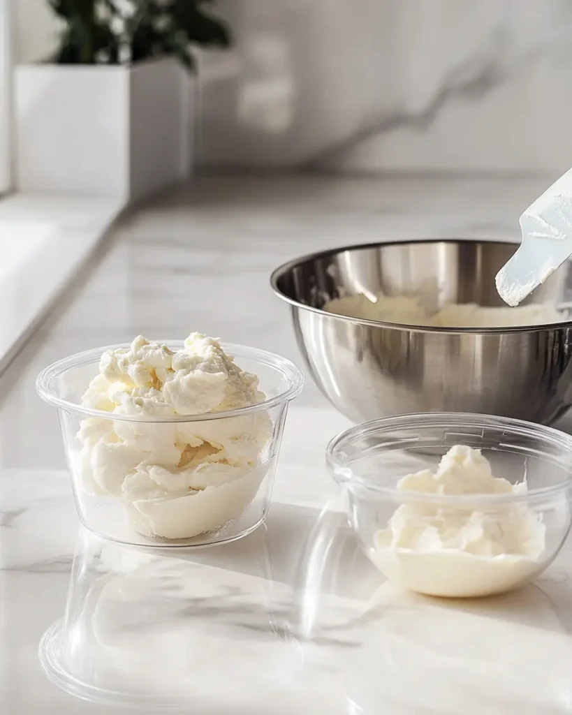 Fresh cream cheese filling being divided into clear storage containers on marble surface, showing ideal smooth texture and proper storage method