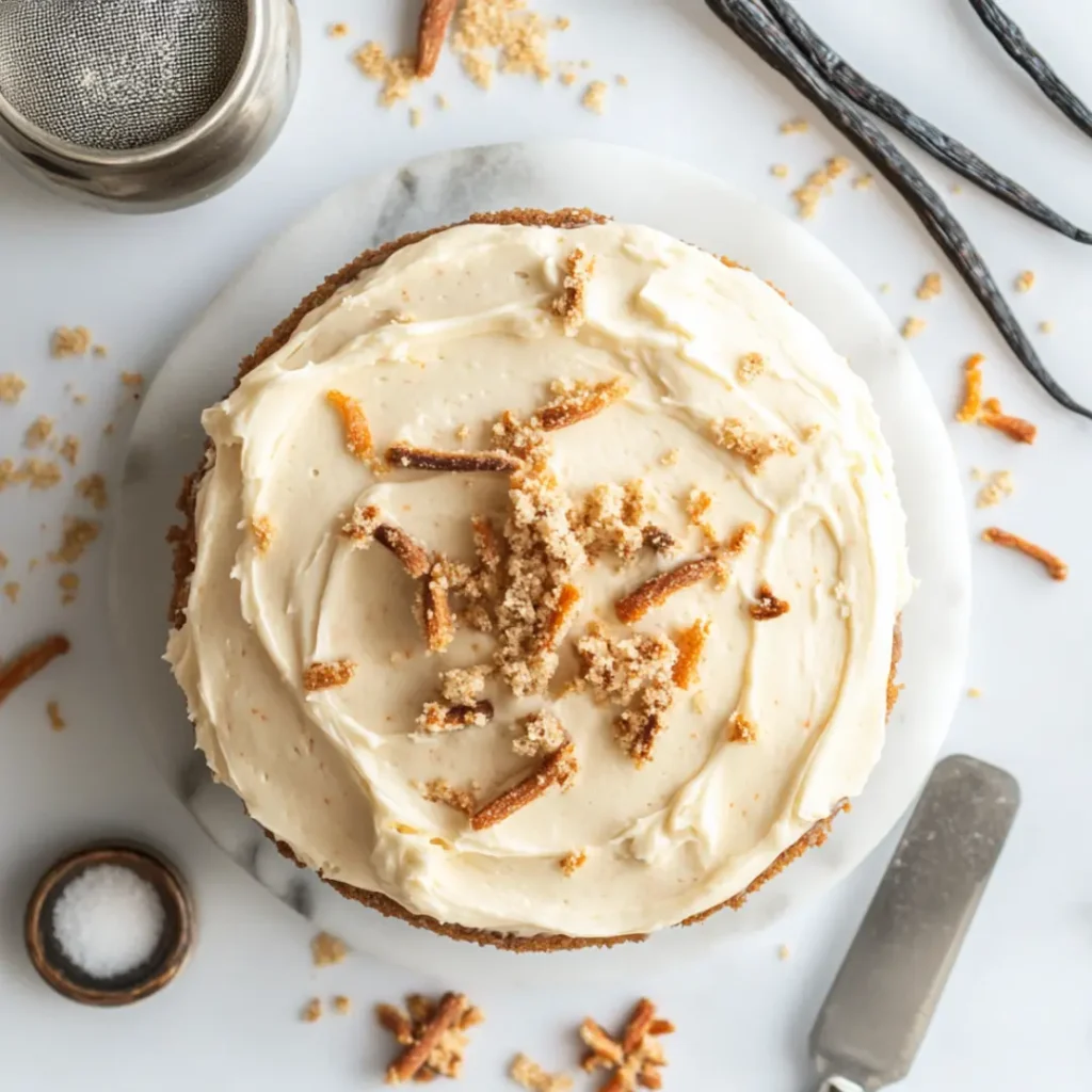 Assembling a layer cake with cream cheese filling, showing tools and ingredients for successful baking